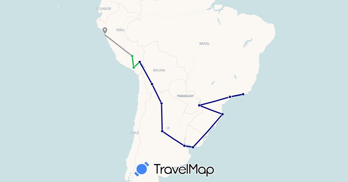 TravelMap itinerary: driving, bus, plane in Argentina, Bolivia, Brazil, Peru, Uruguay (South America)